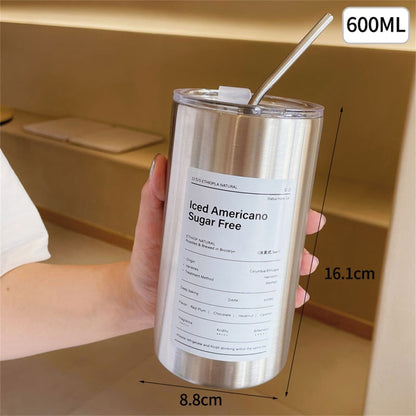 Thermos Coffee Cup 304 Stainless Steel Double Layer Cooler Straw Cup Portable Reusable