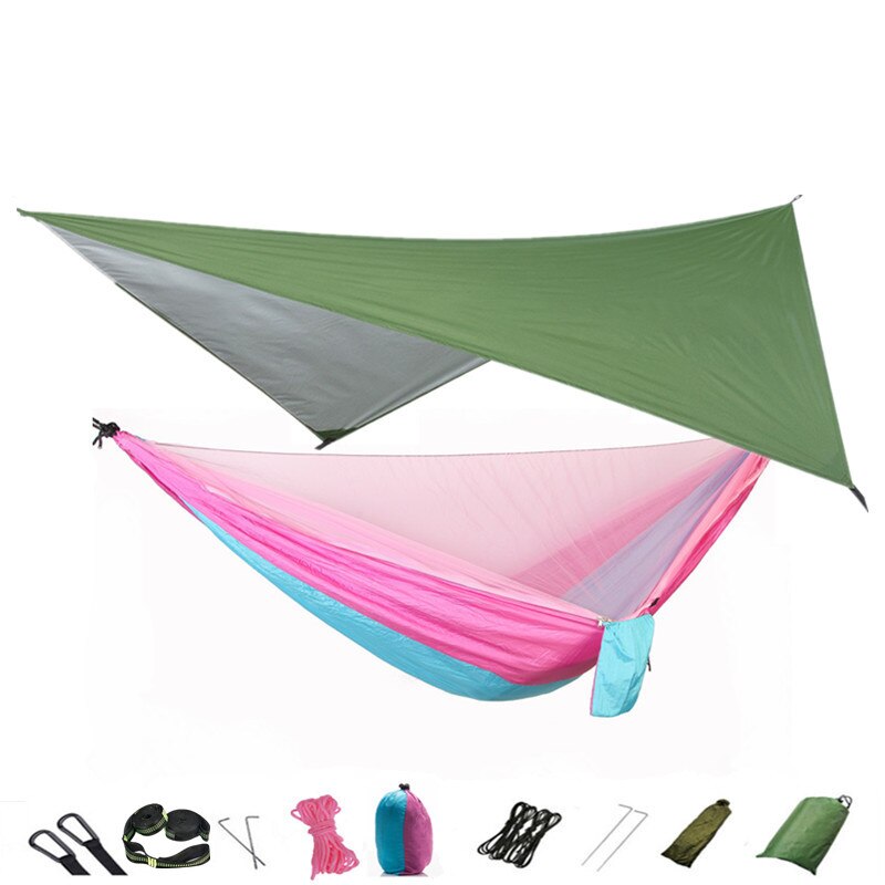 Lightweight Portable Travel Hammock With Mosquito Net + Canopy Awning 210T Nylon For Camping Hiking Backpacking