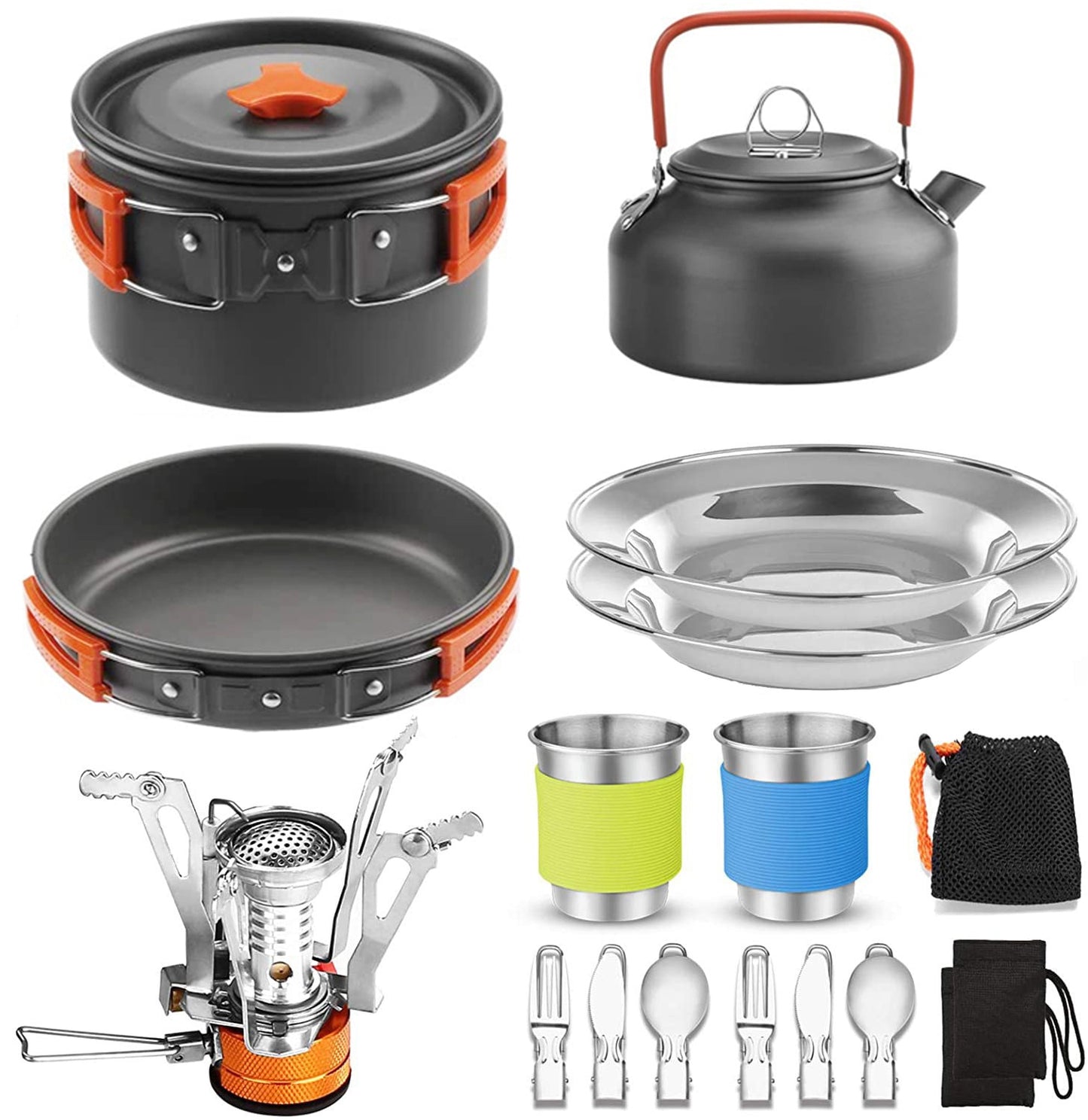 Camping Cooking Kettle Pots Pans Gas Stove Set Aluminum Cookware Stainless Steel Tableware for 2-3 People