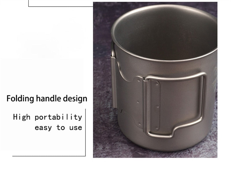 Pure Titanium Camping Mug with Lid and Folding Handles - An Ultra-Lightweight, Durable, and Heat-Resistant Mug for Outdoor Activities