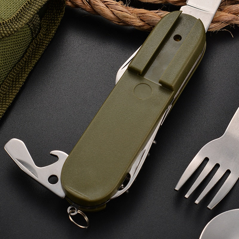 Multifunctional Stainless Steel Foldable Camping Cutlery Multi-Tool for Camping, Picnic, Hiking, and Travelling