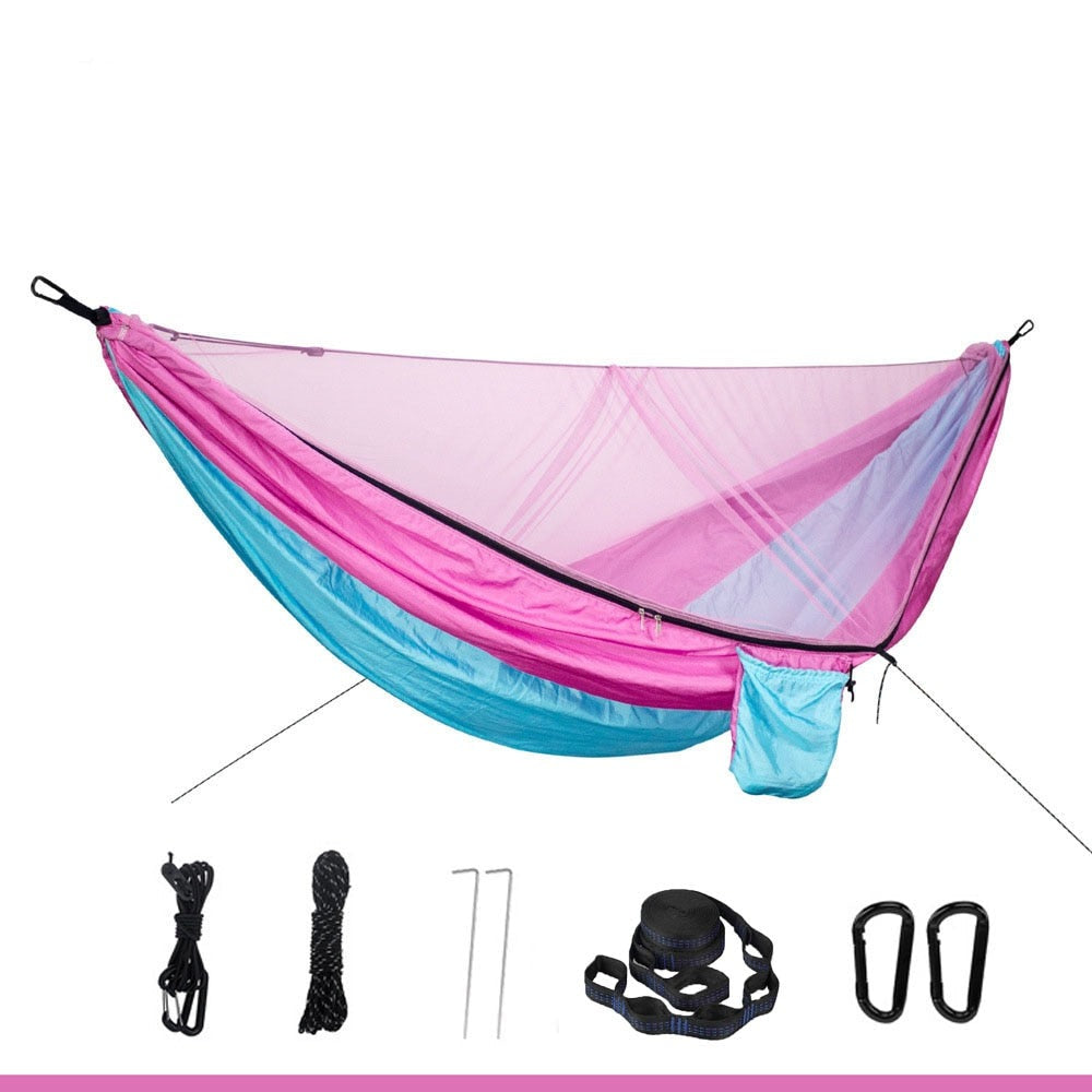 Lightweight 290x140cm Hammock With Mosquito Net - Quick Set Up With 2 Tree Straps 