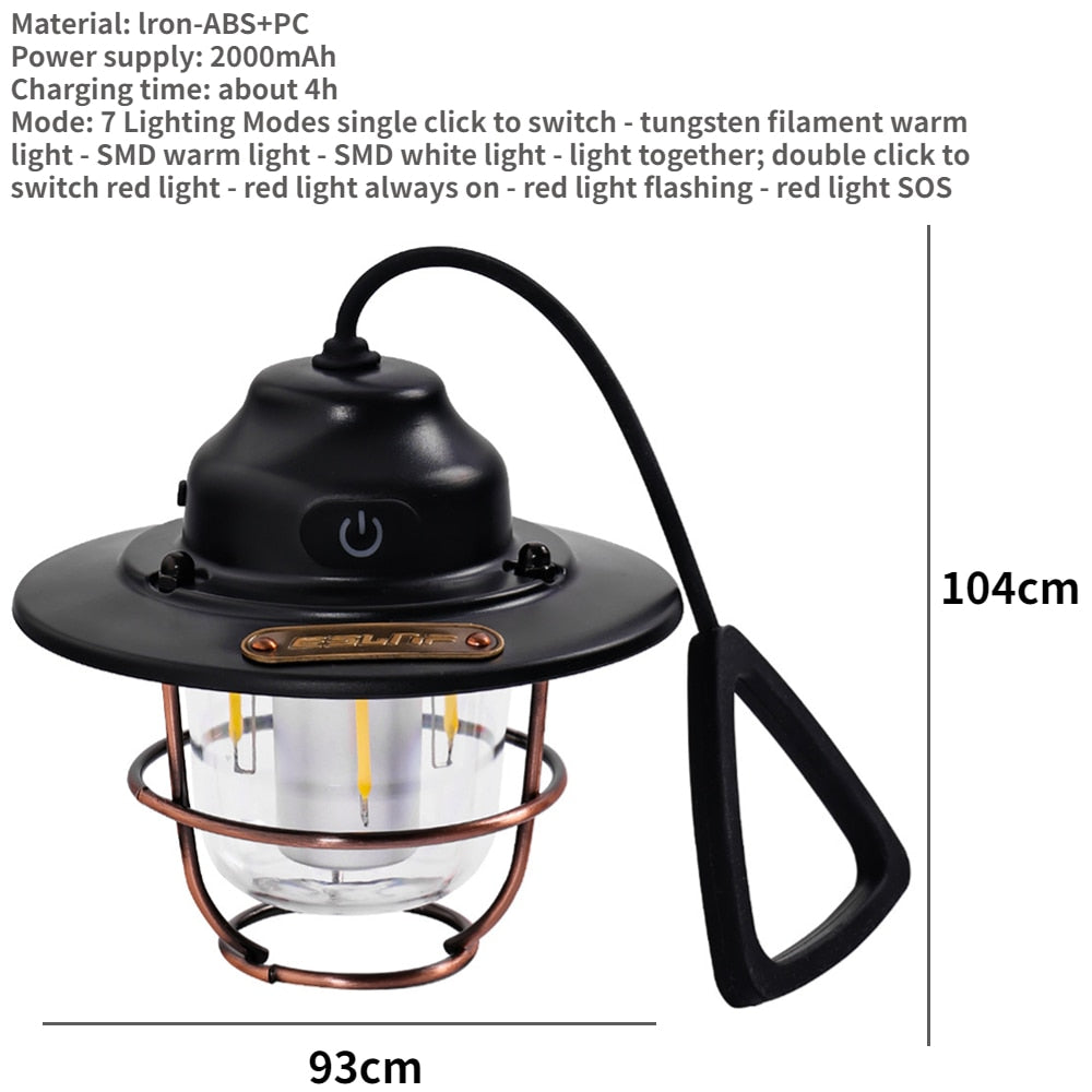 LED Decorative Hanging Light - Waterproof and Retro Camping Light with Rechargeable Battery and Dimmable Function for Outdoor Travel