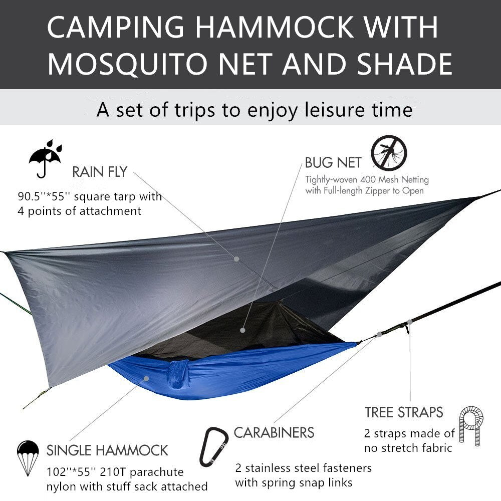 3-in-1 Wild Camping Hammock Set with Hammock, Mosquito Net and Rain Fly Tarp