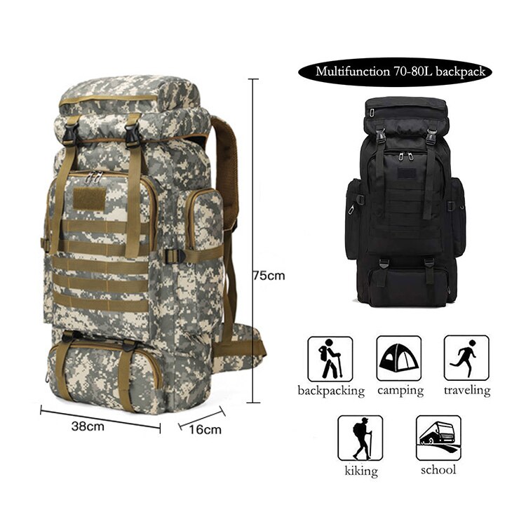 80L Waterproof Tactical Backpack For Camping Hiking Travel Backpacking - Multiple Storage Compartments & Molle Straps + Rainproof Cover