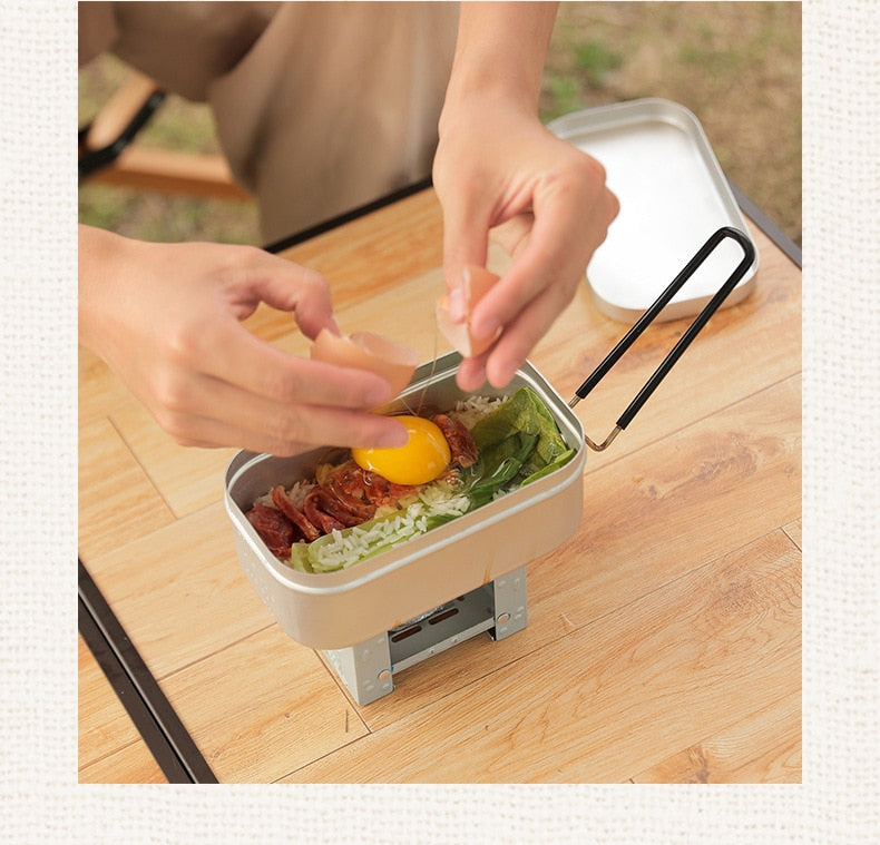 Aluminum Reheatable Lunch Box with Lid, Steam Rack & Foldable Handle for Hiking, Camping and Travel