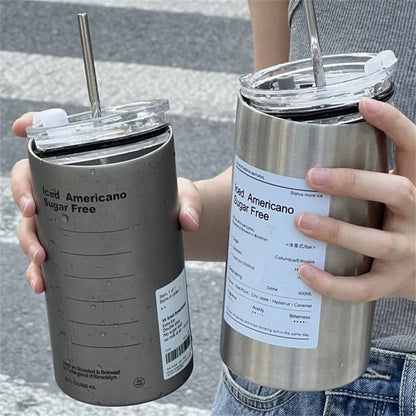 Thermos Coffee Cup 304 Stainless Steel Double Layer Cooler Straw Cup Portable Reusable