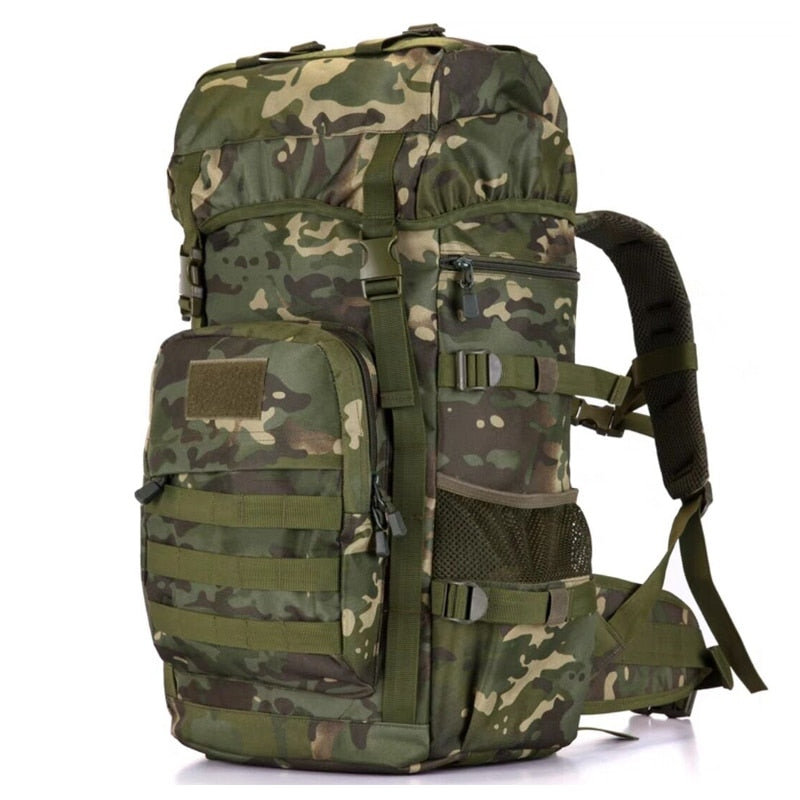 Khaki Tactical Camo Backpack 50L Capacity and Molle System for Mountaineering, Climbing, Hiking, and Travel