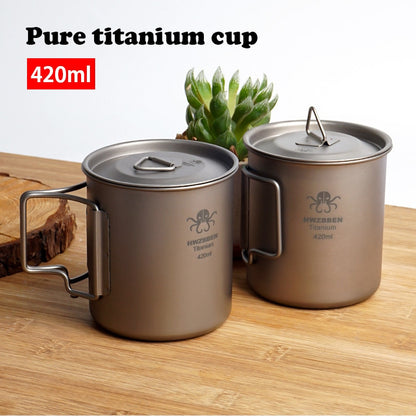 Pure Titanium Camping Mug with Lid and Folding Handles - An Ultra-Lightweight, Durable, and Heat-Resistant Mug for Outdoor Activities