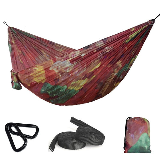 Portable Lightweight Double Hammock Printed Parachute Nylon Hammock with Carabiners and Hanging Kit for Outdoor Adventure Backpacking Travel