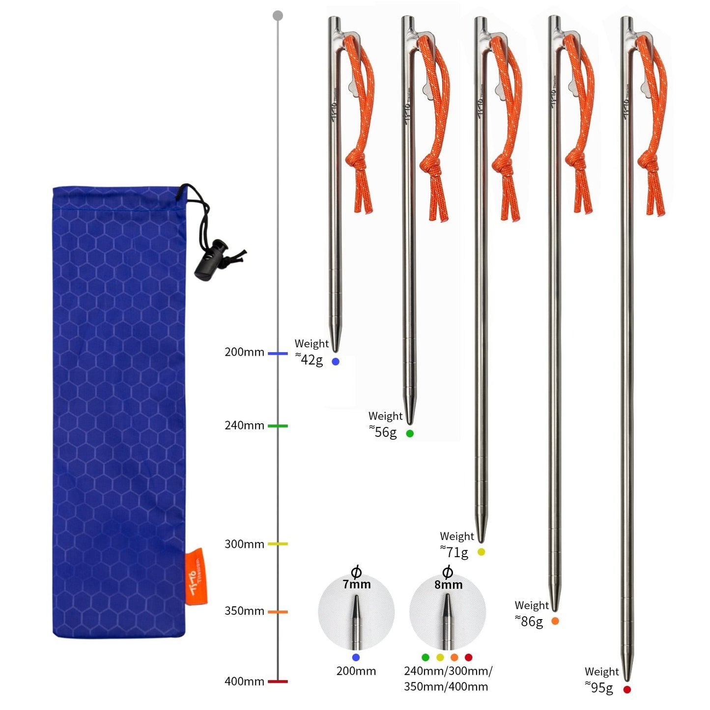 Superior Durability Titanium Alloy Tent Pegs For Camping, Awnings, Tarp Stakes For Hard Ground - 24CM/35CM/40CM