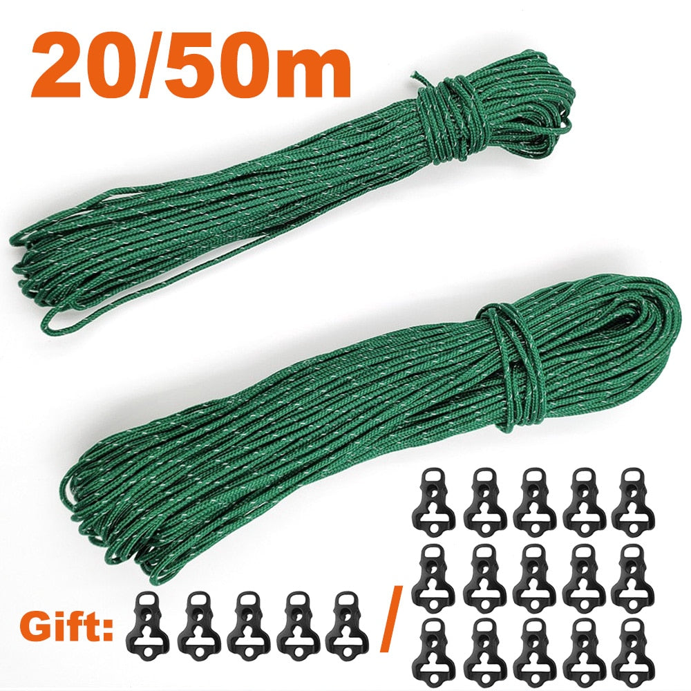 Reflective High Strength Paracord Guy Lines For Tents, Tarps & Awnings - 20m/50m Multifunction Camping Rope, With Tensioners 