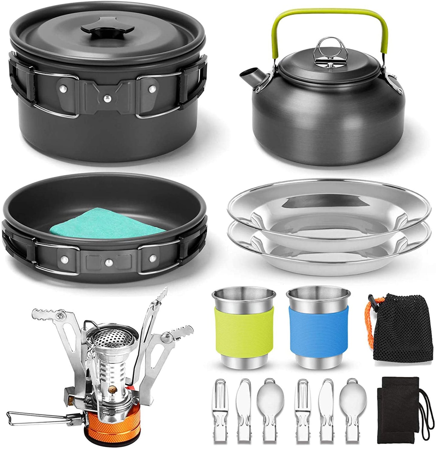 Camping Cooking Kettle Pots Pans Gas Stove Set Aluminum Cookware Stainless Steel Tableware for 2-3 People